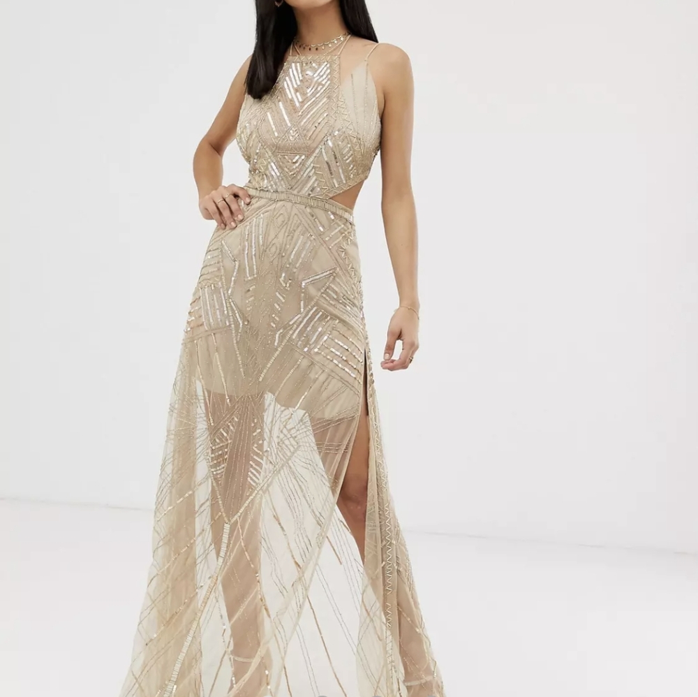 ASOS Retired Gold Sequin Cut Out Prom Evening Gown Dress Tall Size 14